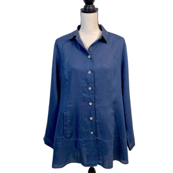 Soft Surroundings Linen Button Front Tunic Teal Blue Size Large - Picture 1 of 8